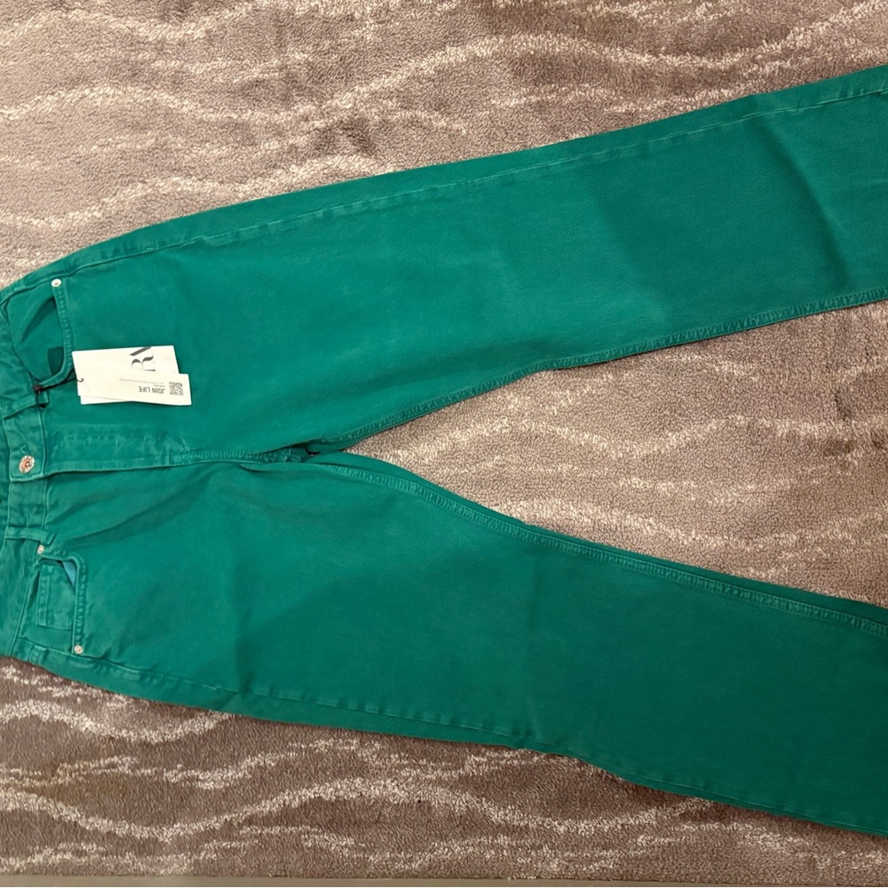 Zara Green Straight Leg Raw Hem Jeans